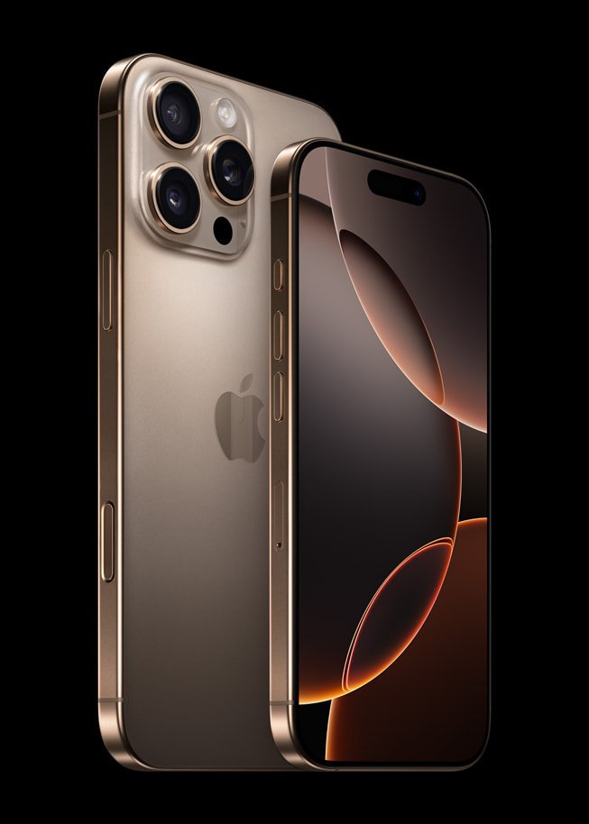 Apple iPhone 16 Pro Max Çöl Titanyum ön ve arka görünüm