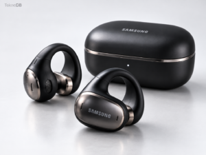 İki kulaklık ve şarj kutusunu aynı karede gösteren bu görünüm, Galaxy Buds On’un açık kulak yapısını ve modern tasarım dilini birlikte öne çıkarıyor.
